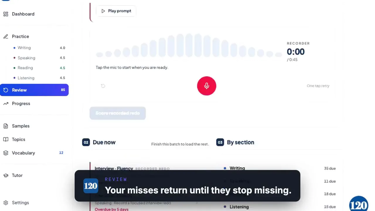 The review queue in the live app, ordered by what is due
