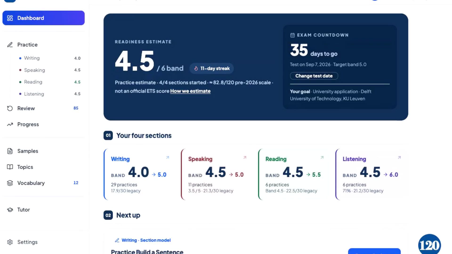 The live Reach120 dashboard: readiness estimate, the four sections side by side, and the Next up card choosing the learner's next task.